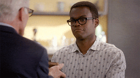 Chidi throws the books - The Good Place