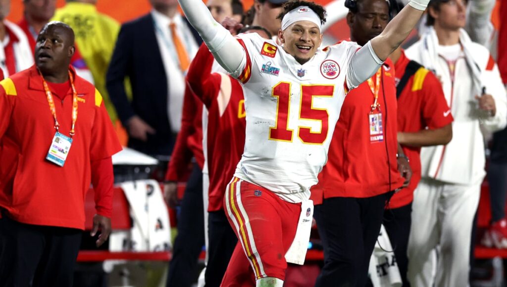 Patrick Mahomes #15 of the Kansas City Chiefs celebrates after defeating the Philadelphia Eagles