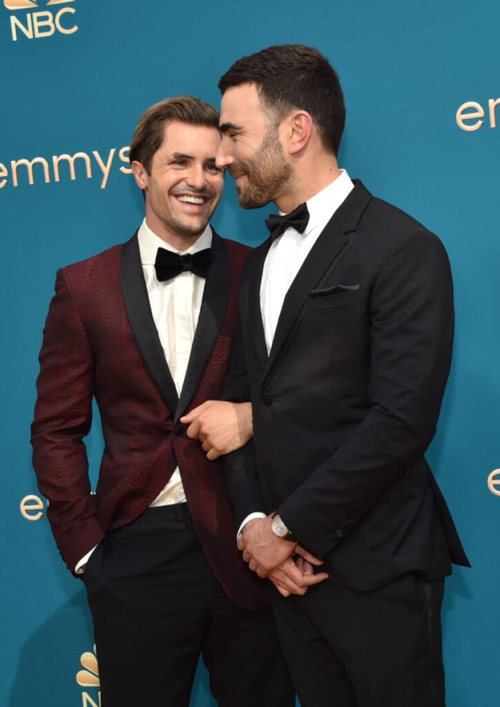 Brett Goldstein (R) and Phil Dunster arrive for the 74th Emmy Awards