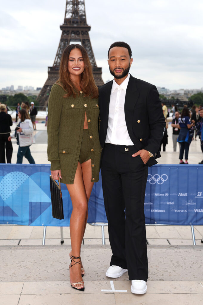 Chrissy Teigen and John Legend attend the red carpet before the opening ceremony of the 2024 Paris Olympic Games on July 26, 2024 in Paris, France. 