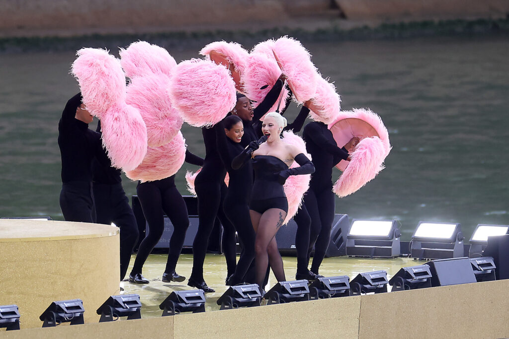 Lady Gaga performs in the Pont Sully area before the 2024 Paris Olympics opening ceremony on July 26, 2024 in Paris, France.