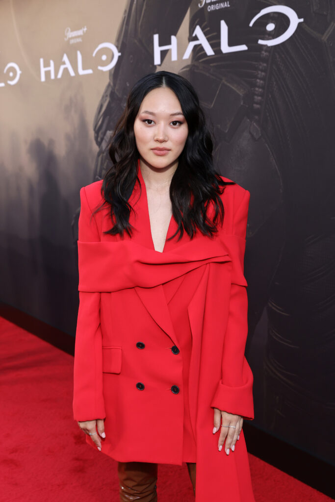 woman in red suit