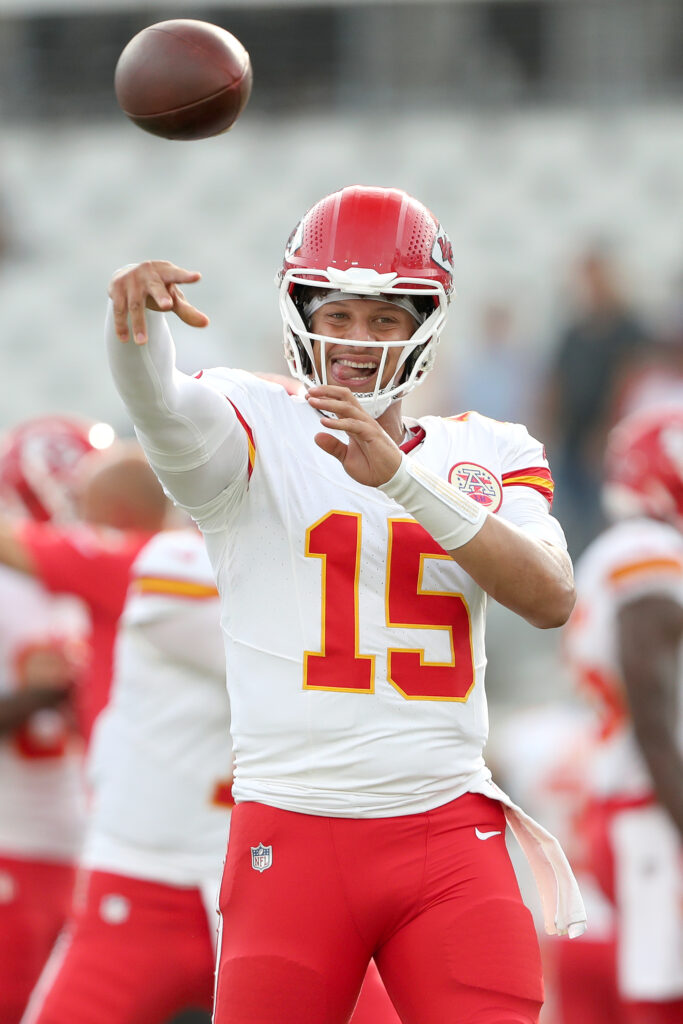 Kansas City Chiefs No. 15 Patrick Mahomes during preseason warmups against the Jacksonville Jaguars at EverBank Stadium on August 10, 2024 in Jacksonville, Florida.