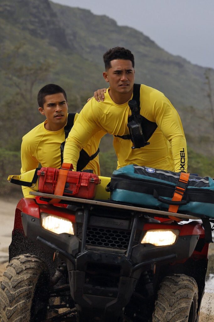 Laka and Kainalu ride out together during Rescue-HI Surf Season 1 Episode 6.