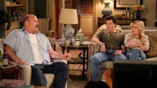 Georgie and Mandy sitting with Jim and looking annoyed on Georgie & Mandy's First Marriage season 1 episode 11