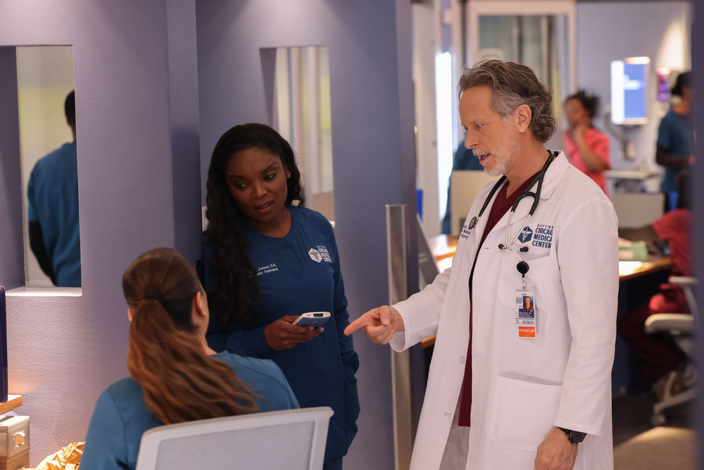 Archer and Maggie talking to Doris on Chicago Med Season 10 Episode 17