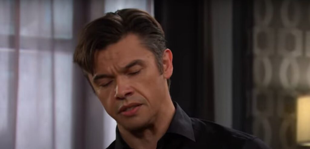 Xander standing with his eyes closed on Days of Our Lives during the week of 5-19-25