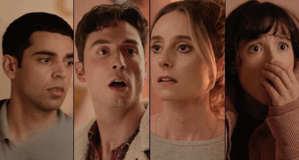 Rish Shah, Benito Skinner, Mary Beth Barone, and Wally Baram in Overcompensating