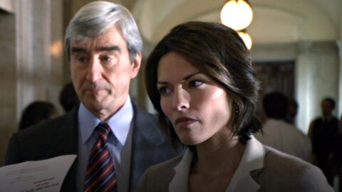 Jack McCoy and Constance Rubirosa listen intently to their colleague in the courtroom