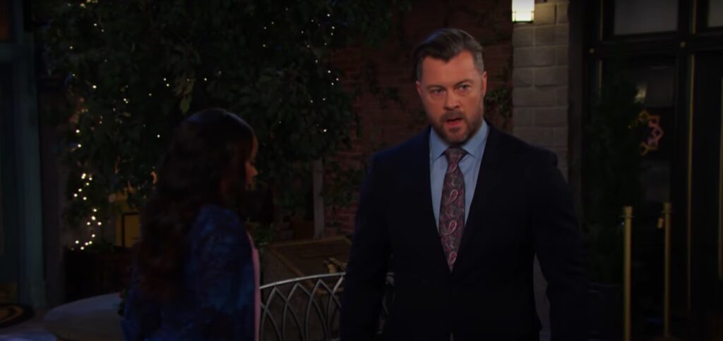 EJ looking annoyed while standing near Chanel on Days of Our Lives during the week of 6-30-25