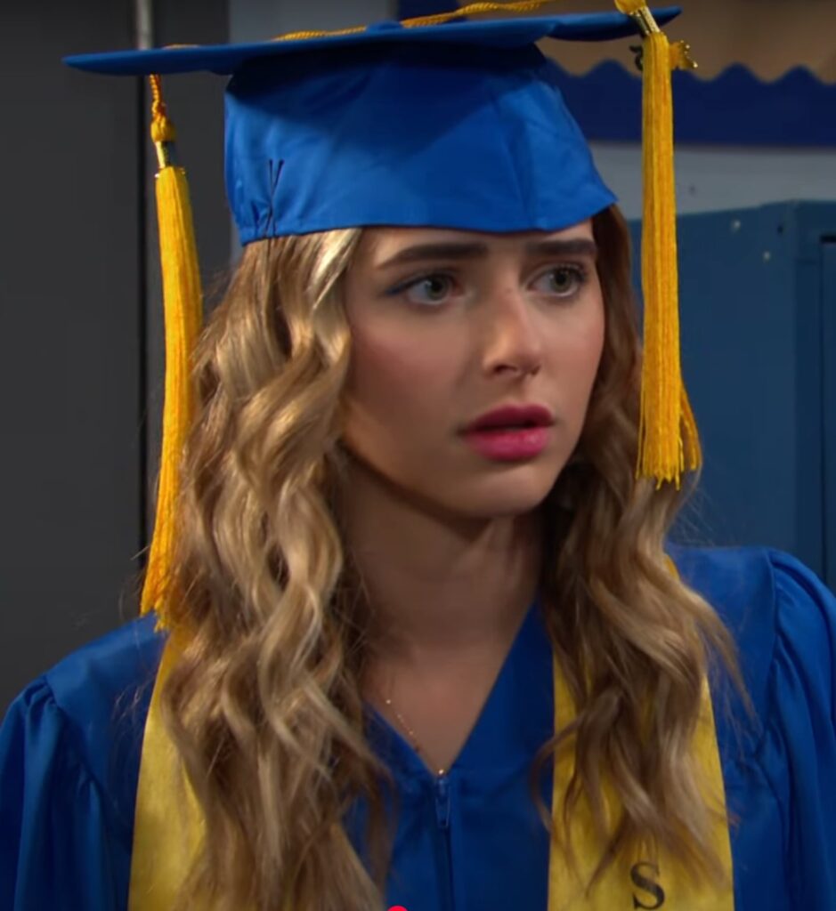 Holly standing in her cap and gown looking upset on Days of Our Lives during the week of 6-16-25