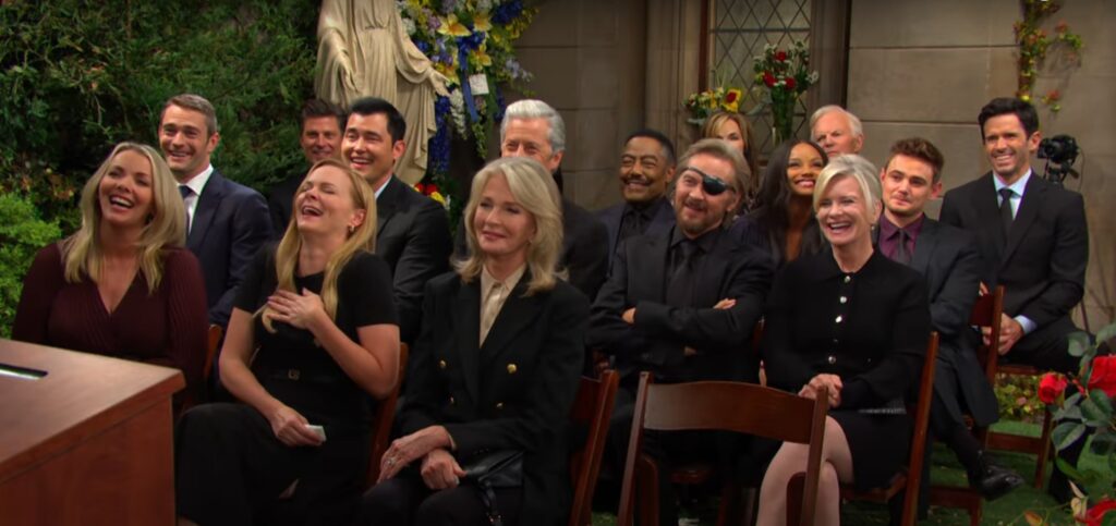 The funeral goers laugh during a eulogy on Days of Our Lives during the week of 6-09-25