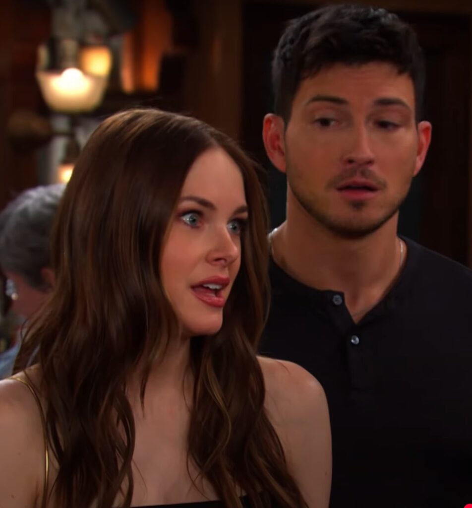 Stephanie and Alex looking shocked on Days of Our Lives during the week of 6-30-25