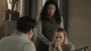 David Dastmalchian, Tamara Podemski and Anna Konkle in "Murderbot," now streaming on Apple TV+.