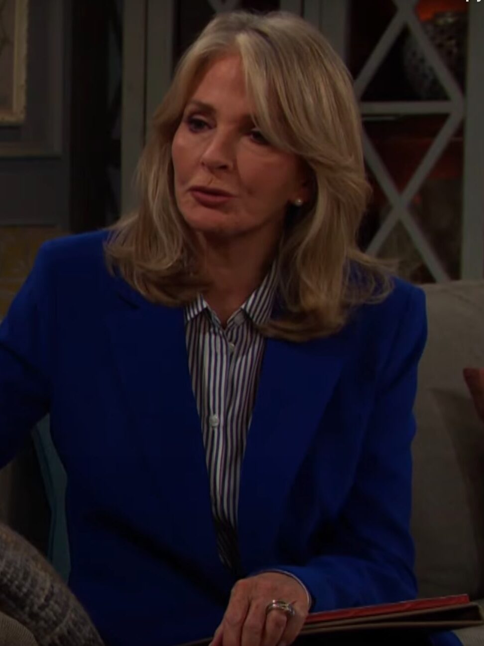 Marlena sits on the couch giving a session to EJ on Days of Our Lives during the week of 7-21-25