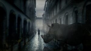 A woman walks down a foggy cobblestone street as a rhinoceros emerges from the shadows beside her, in a surreal scene from the Zoo TV series.