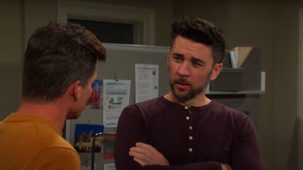 Chad listens to Leo with his arms crossed on Days of Our Lives during the week of 8-25-25