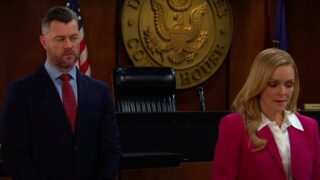 EJ and Belle standing in the courtroom not close to each other on Days of Our Lives during the week of 8-18-25