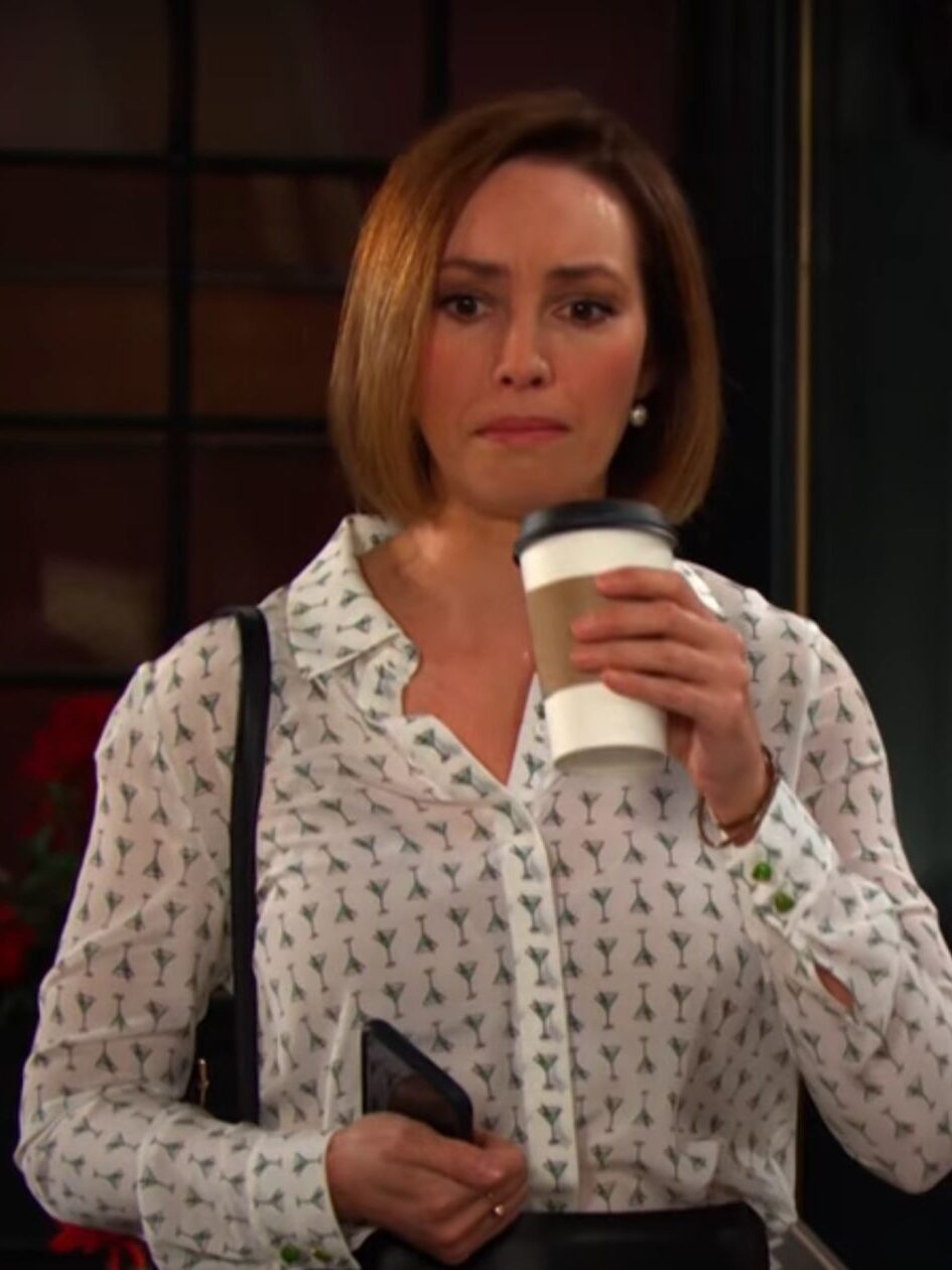 Gwen and Jack have coffee in the Square in front of a store on Days of Our LIves during the week of 9-01-25