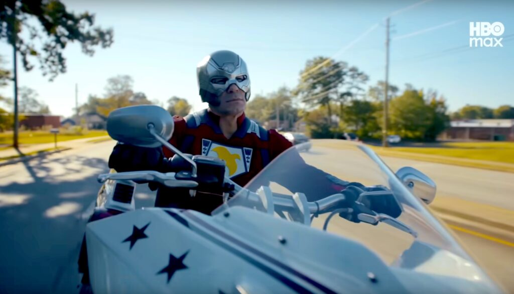 Peacemaker on his motorcycle