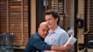 Rueben hugs Georgie, who looks confused, on Georgie and Mandy's FIrst Marriage Season 2 Episode 4