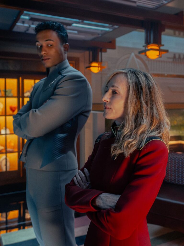 Sandro Rostaâ asâ Caleb and Holly Hunterâ asâ Nahla in Star Trek: Starfleet Academy, episode 1, season 1, streaming on Paramount+
