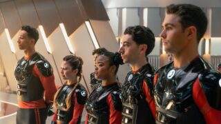 Sandro Rosta as Caleb Mir, Bella Shepard as Genesis Lythe, Kerrice Brooks as Sam, Romeo Carere as Ocam Sadal and George Hawkins as Darem Reymi in Star Trek: Starfleet Academy, episode 3, season 1, streaming on Paramount+, 3035. Photo Credit: John Medland/Paramount+