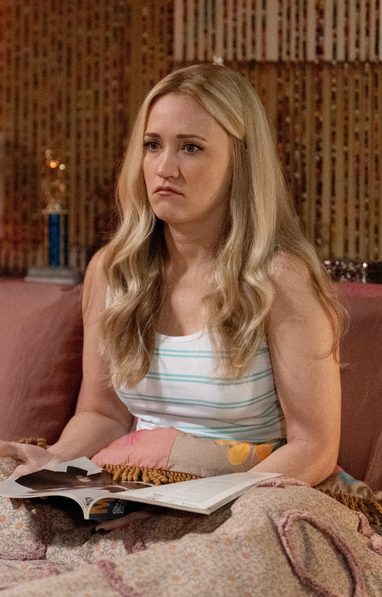 Mandy sits in bed looking upset on Georgie & Mandy's FIrst Marriage Season 2 Episode 11